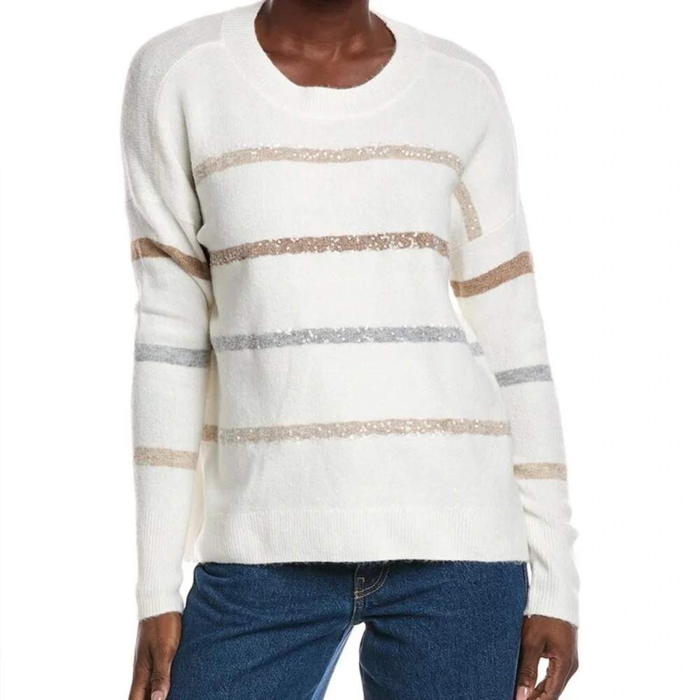 Vince Camuto Womens Sequin Stripe Crew Neck Sweater Off White Stitch Fix M NEW